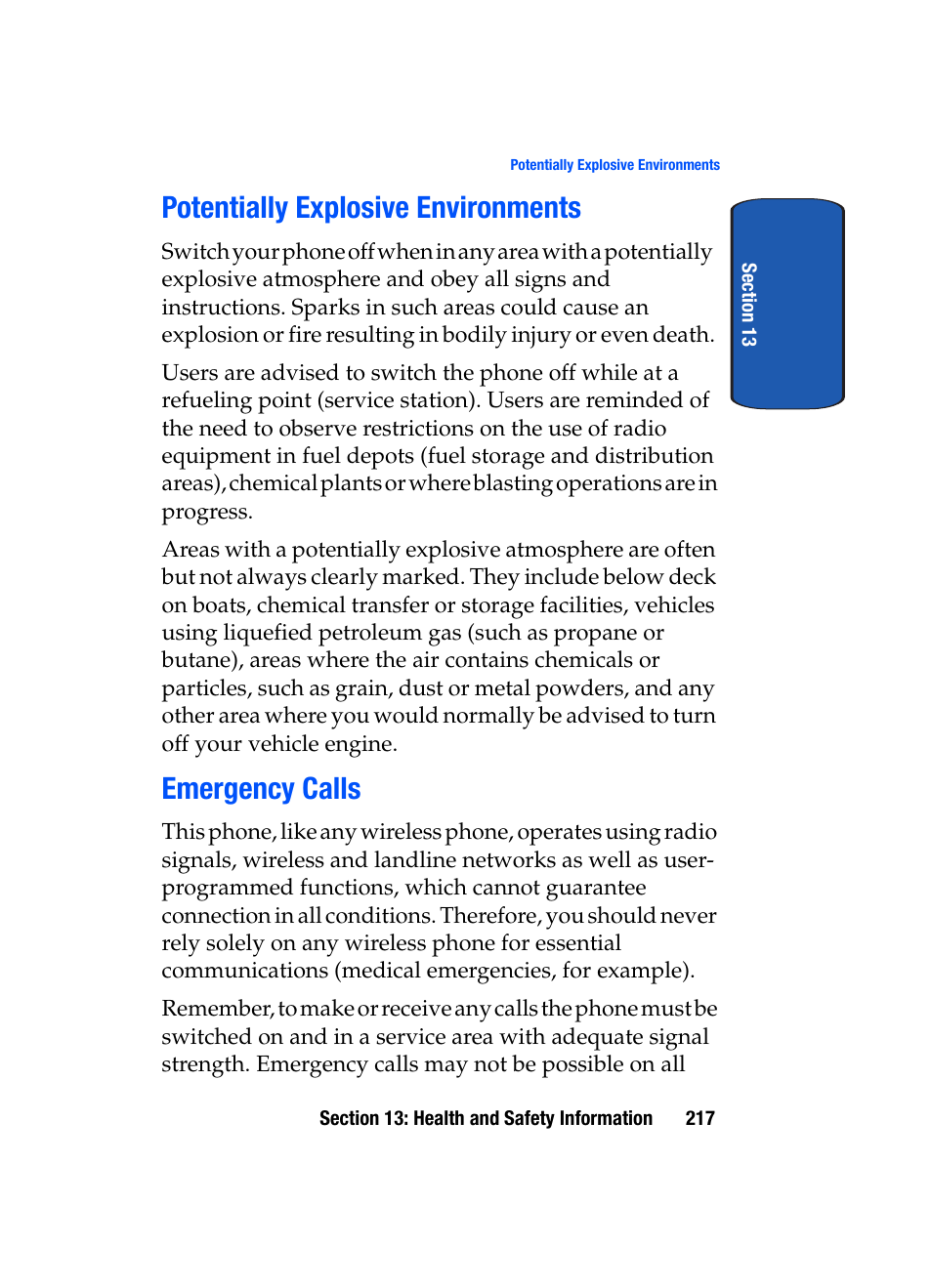 Potentially explosive environments emergency calls, Potentially explosive environments, Emergency calls | Samsung SGH-T709BKBTMB User Manual | Page 221 / 242