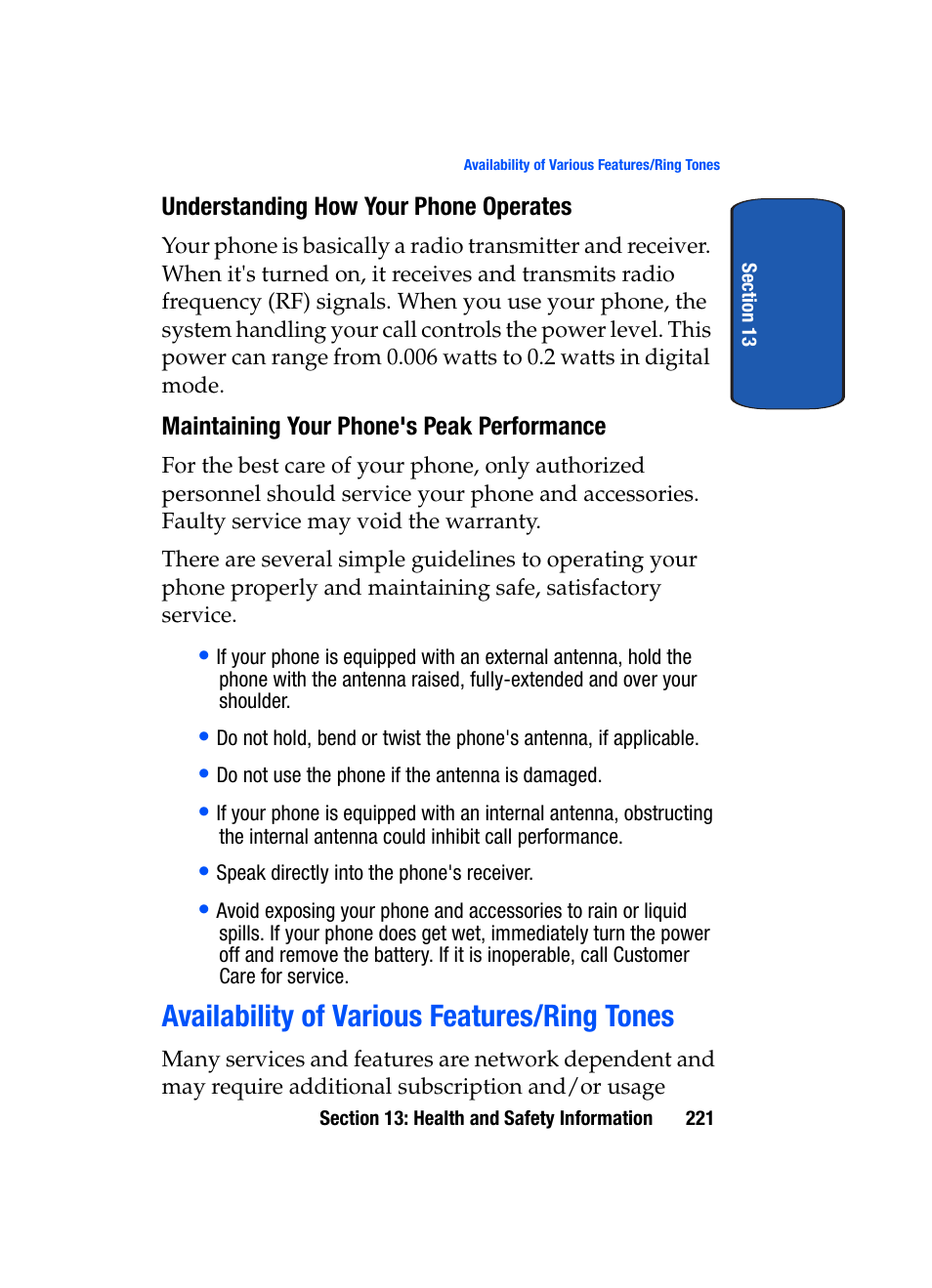 Availability of various features/ring tones | Samsung SGH-T709BKBTMB User Manual | Page 225 / 242