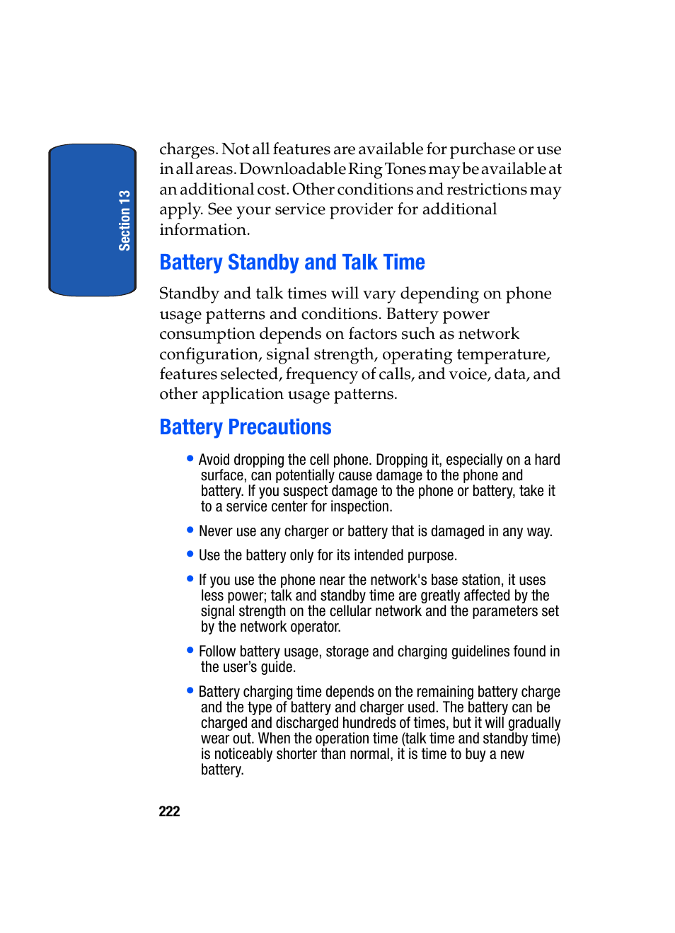 Battery standby and talk time battery precautions, Battery standby and talk time, Battery precautions | Samsung SGH-T709BKBTMB User Manual | Page 226 / 242