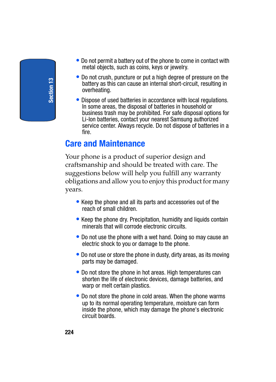 Care and maintenance | Samsung SGH-T709BKBTMB User Manual | Page 228 / 242