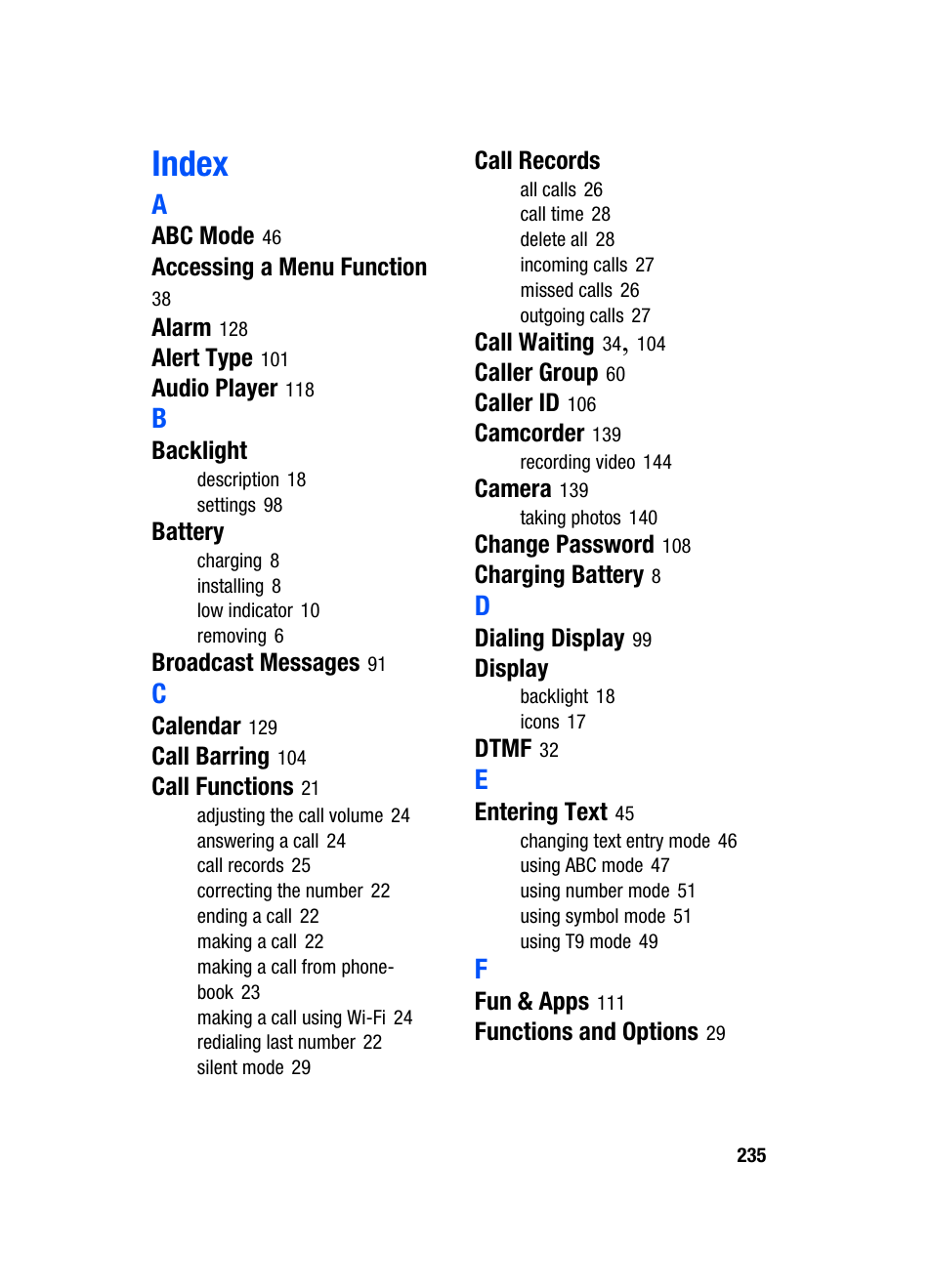 Index | Samsung SGH-T709BKBTMB User Manual | Page 239 / 242