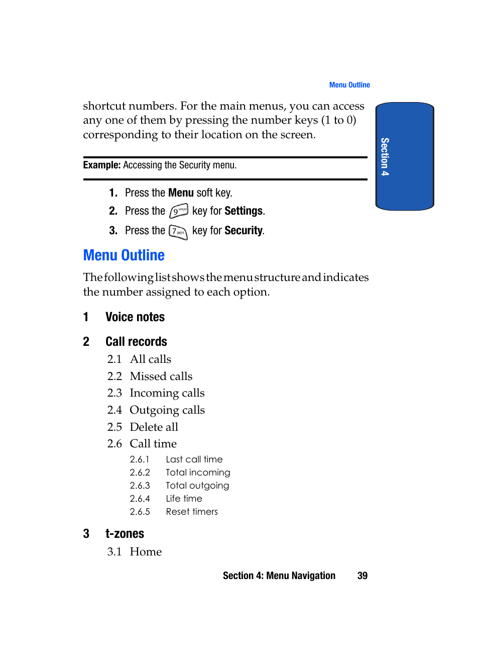 Menu outline, 3t-zones | Samsung SGH-T709BKBTMB User Manual | Page 43 / 242