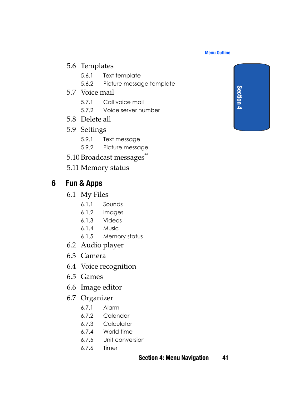 6fun & apps, 6 templates, 7 voice mail | 8 delete all 5.9 settings, 10 broadcast messages, 1 my files | Samsung SGH-T709BKBTMB User Manual | Page 45 / 242