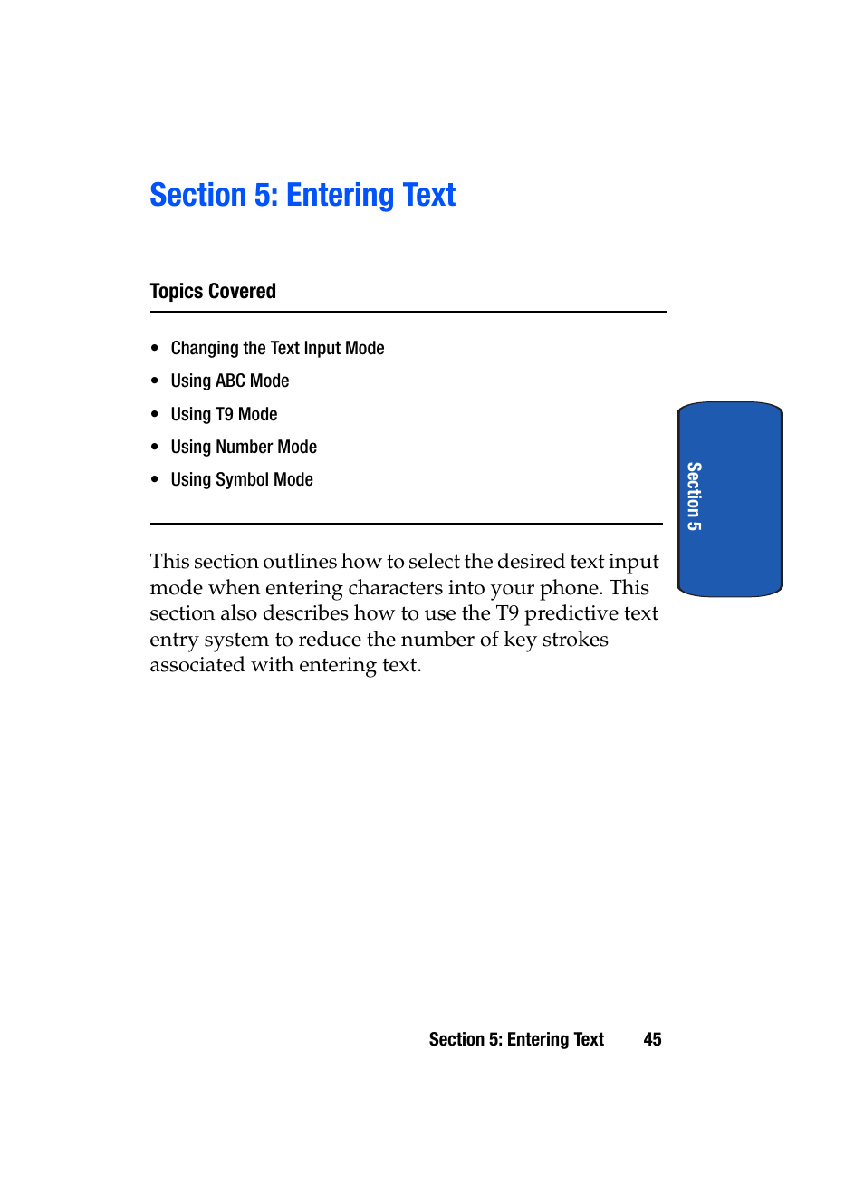 Section 5: entering text | Samsung SGH-T709BKBTMB User Manual | Page 49 / 242