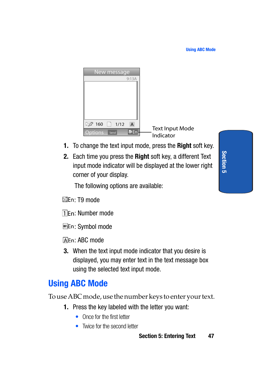 Using abc mode | Samsung SGH-T709BKBTMB User Manual | Page 51 / 242