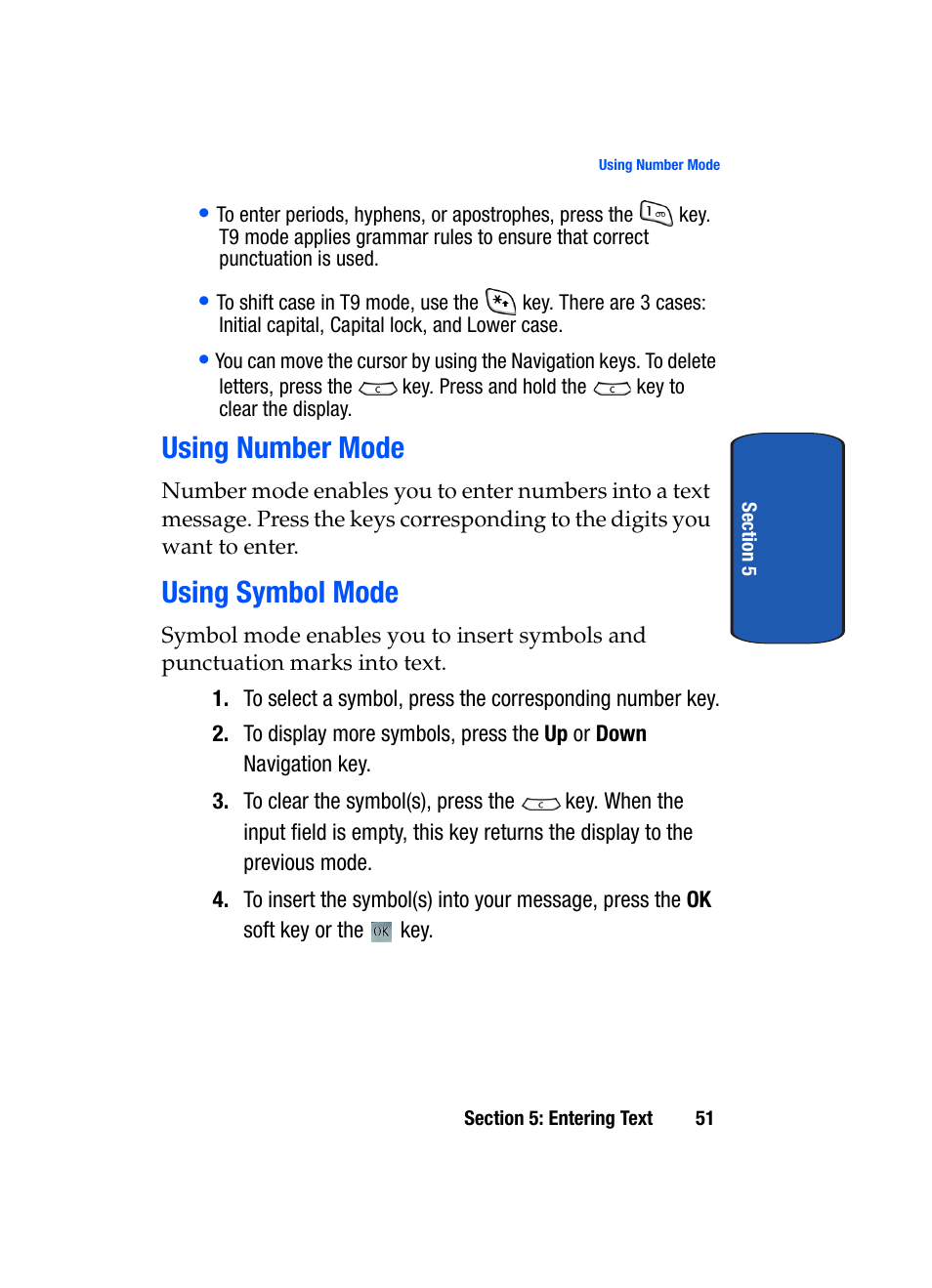 Using number mode using symbol mode, Using number mode, Using symbol mode | Samsung SGH-T709BKBTMB User Manual | Page 55 / 242