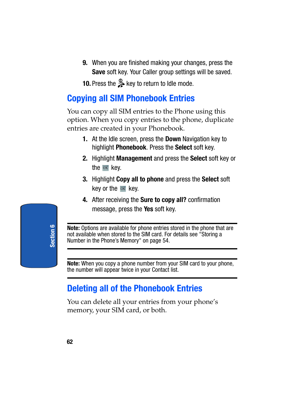 Copying all sim phonebook entries, Deleting all of the phonebook entries | Samsung SGH-T709BKBTMB User Manual | Page 66 / 242