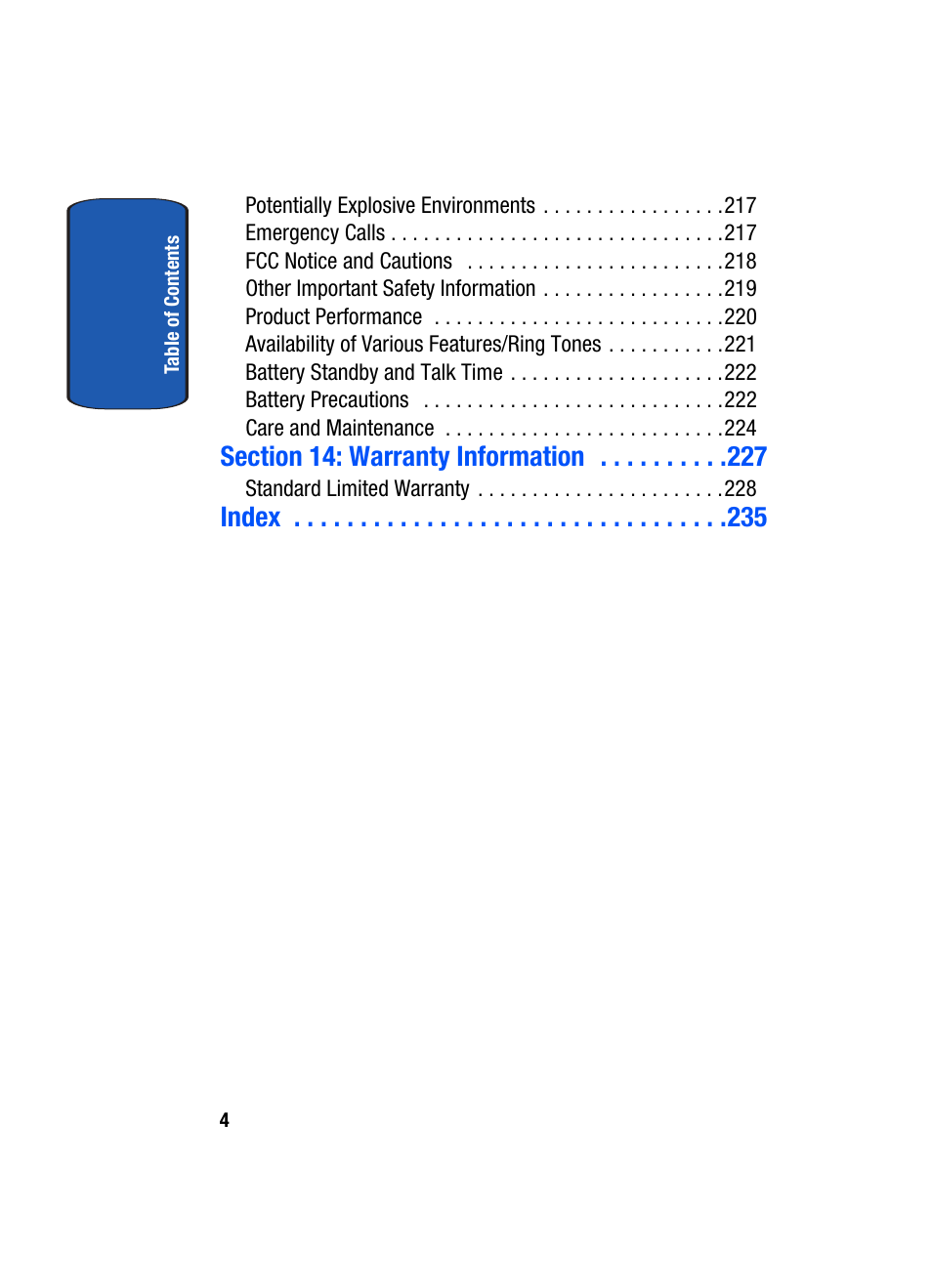 Index | Samsung SGH-T709BKBTMB User Manual | Page 8 / 242