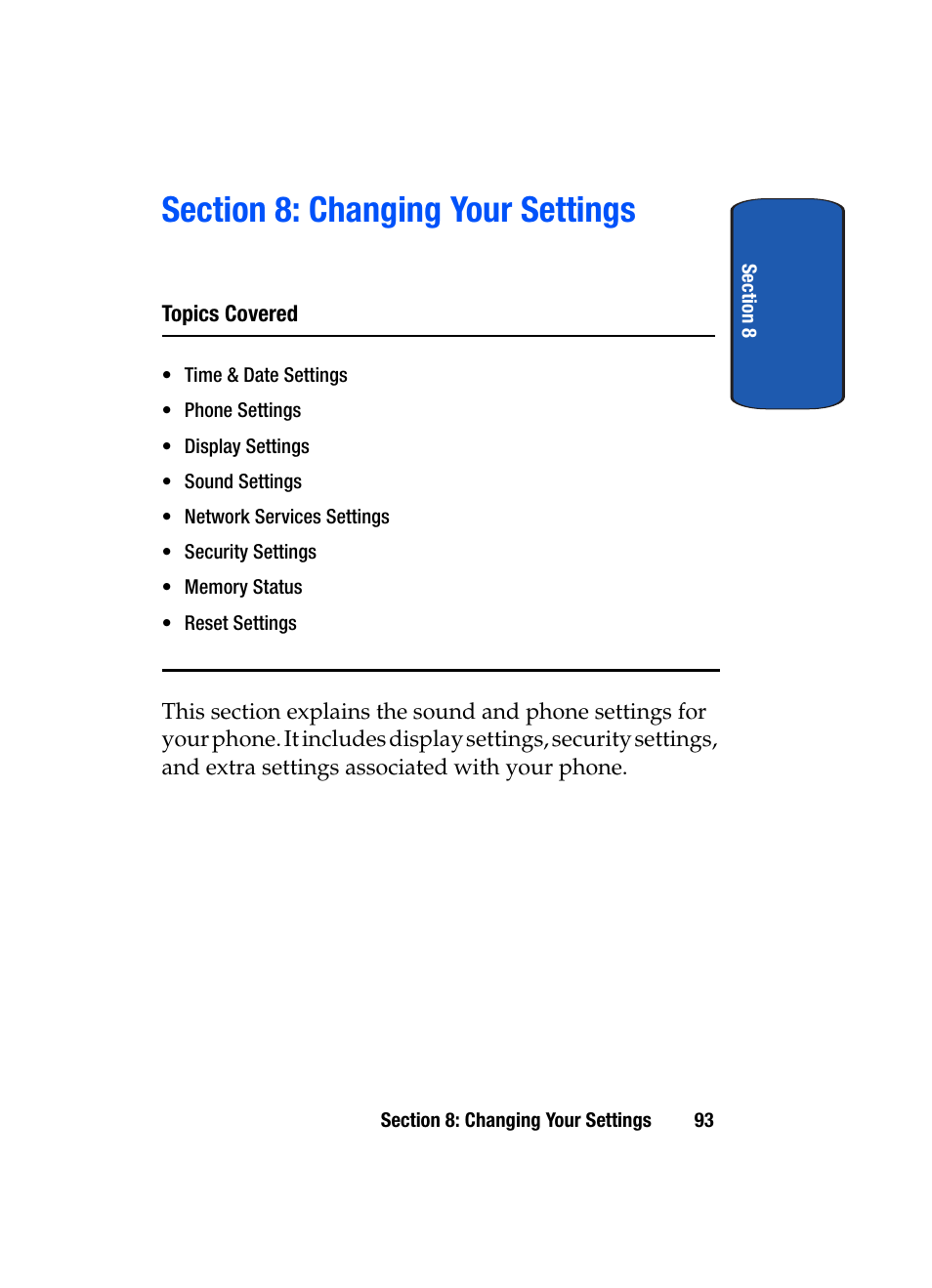 Section 8: changing your settings | Samsung SGH-T709BKBTMB User Manual | Page 97 / 242