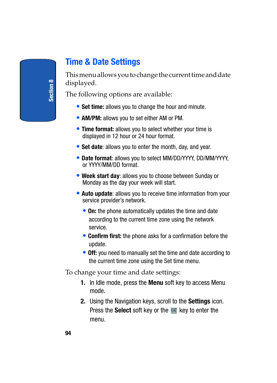 Time & date settings | Samsung SGH-T709BKBTMB User Manual | Page 98 / 242