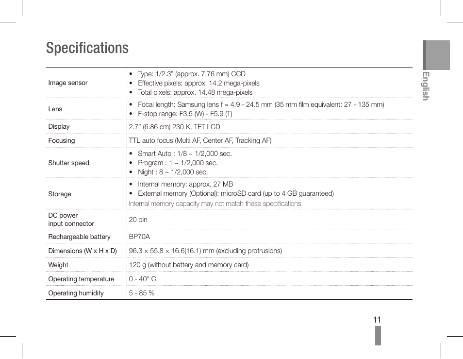 Specifications | Samsung EC-TL110ZBPSUS User Manual | Page 11 / 22