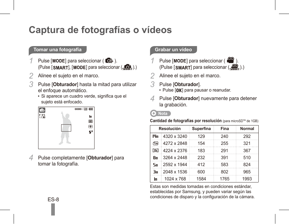 Captura de fotografías o vídeos | Samsung EC-TL110ZBPSUS User Manual | Page 18 / 22