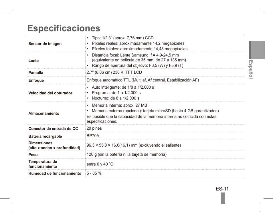 Especificaciones | Samsung EC-TL110ZBPSUS User Manual | Page 21 / 22