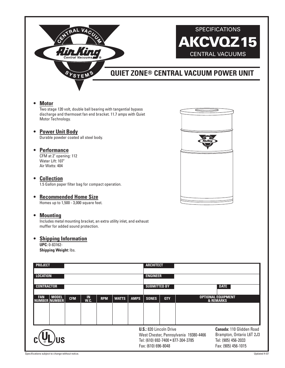 Air King AKCVQZ15 User Manual | 1 page