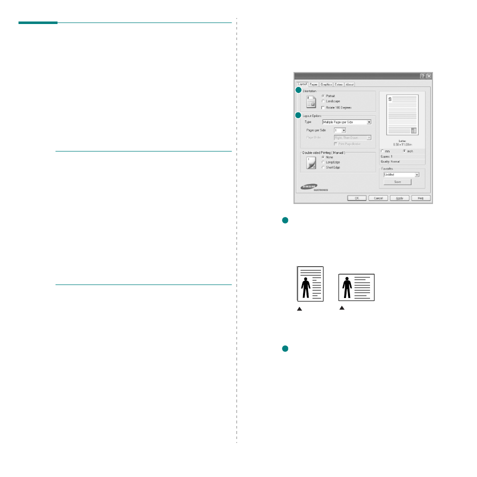 Printer settings, Layout tab, Ee “printer | Samsung CLP-300N-XAA User Manual | Page 66 / 91