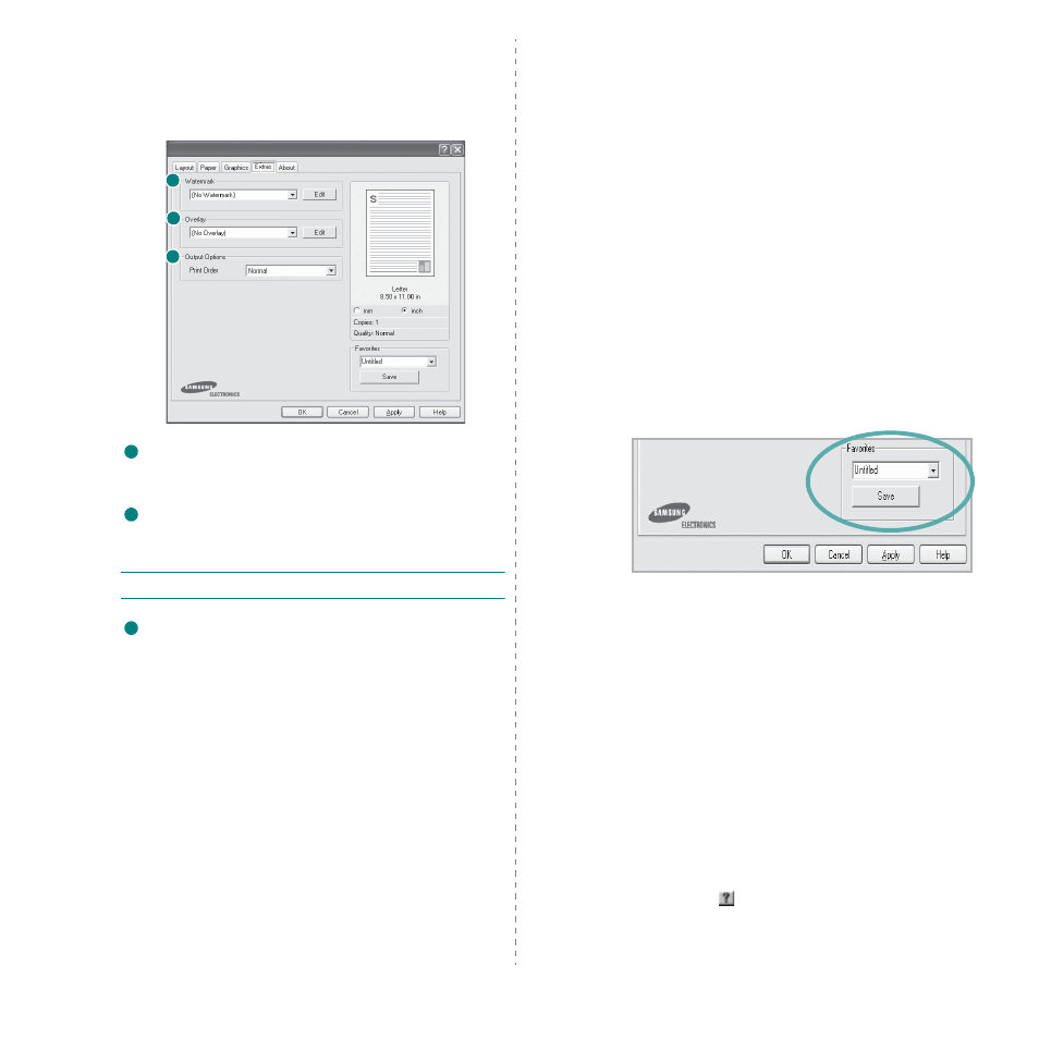 Extras tab, About tab, Printer tab | Using a favorite setting, Using help, Extras tab - about tab - printer tab, Using a favorite setting - using help | Samsung CLP-300N-XAA User Manual | Page 69 / 91