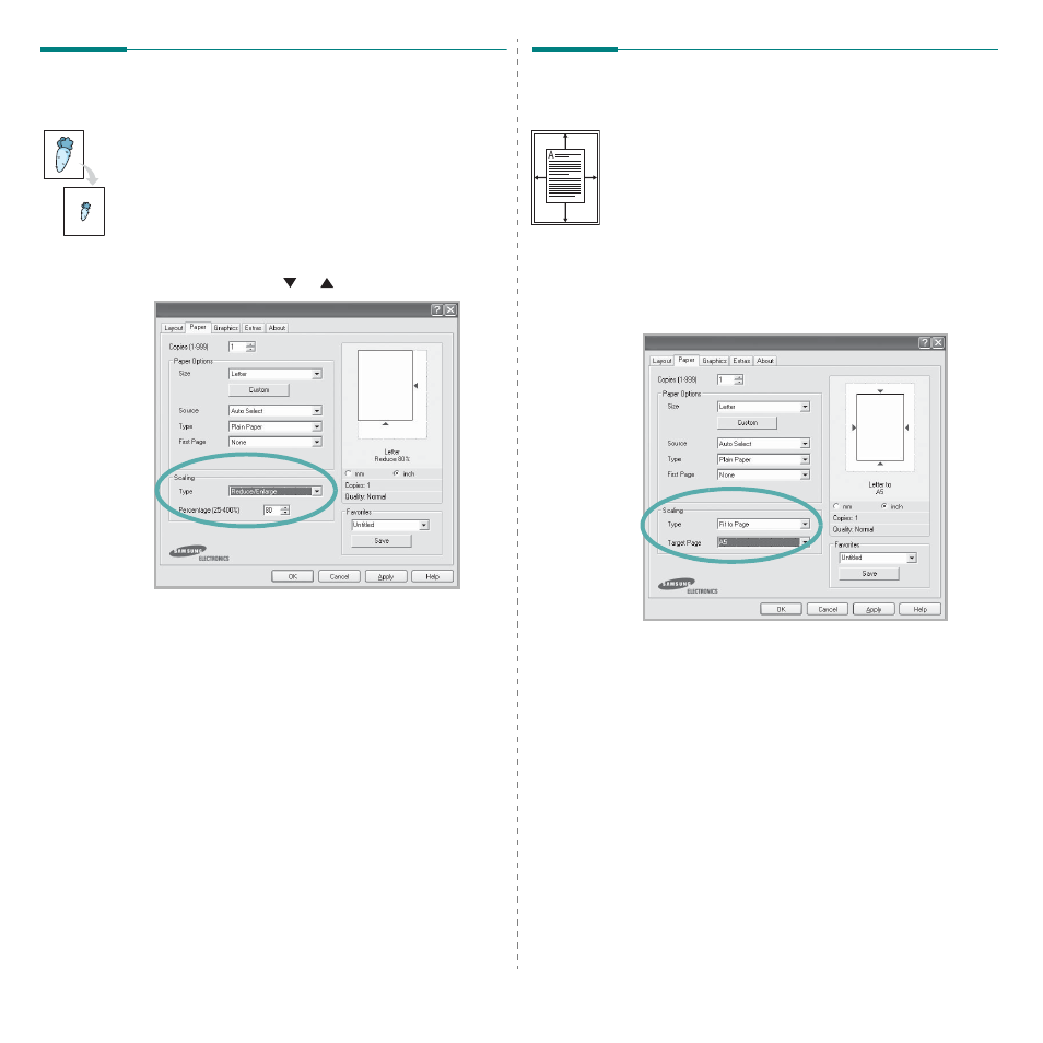 Printing a reduced or enlarged document, Fitting your document to a selected paper size, Printing a reduced or enlarged document” on | Fitting your document to a selected paper | Samsung CLP-300N-XAA User Manual | Page 73 / 91