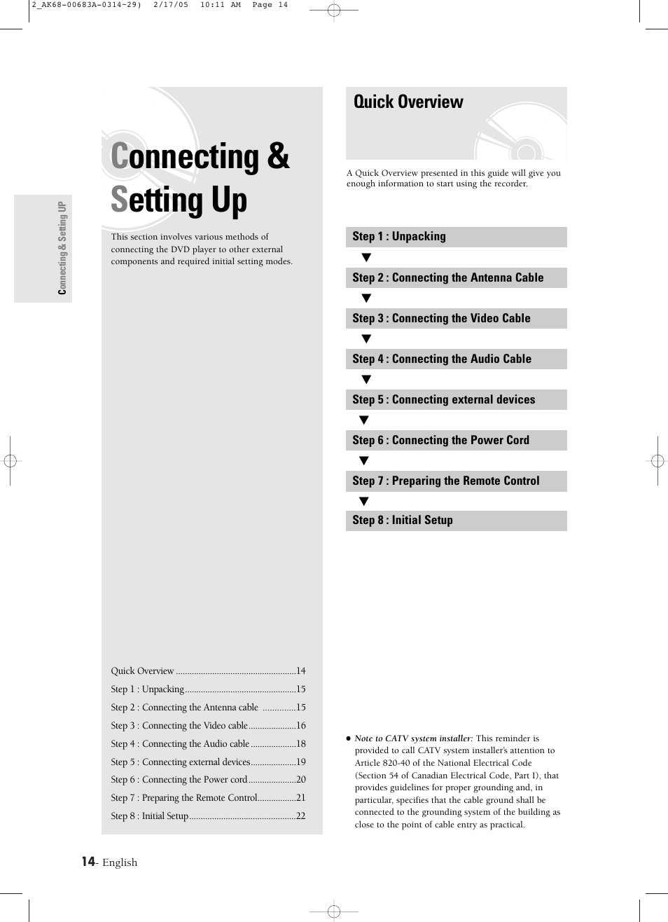 Connecting & setting up, Quick overview, Connecting & s etting up | Samsung DVD-R120-AFS User Manual | Page 14 / 72