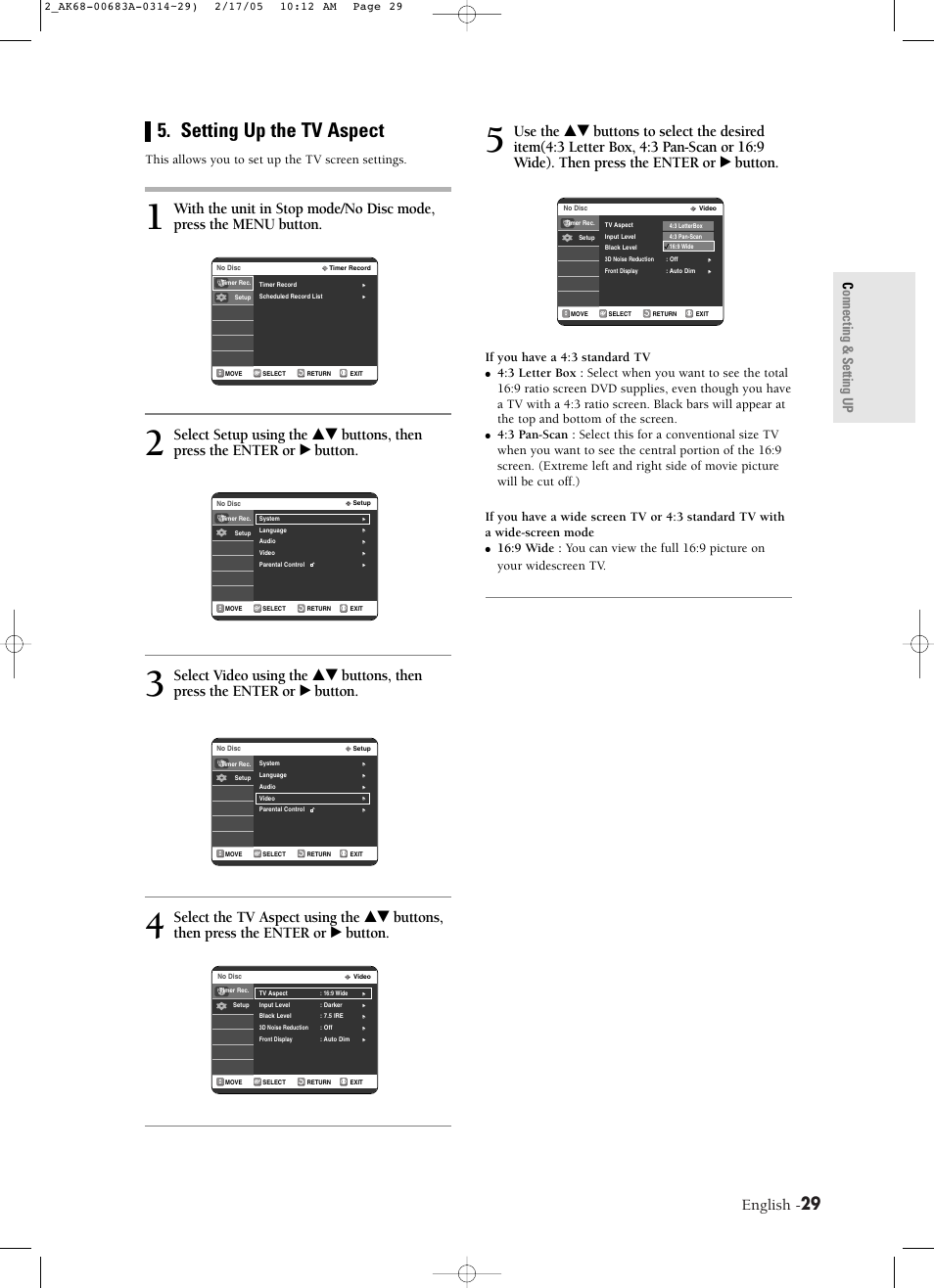 Setting up the tv aspect, English, Connecting & setting up | If you have a 4:3 standard tv, This allows you to set up the tv screen settings | Samsung DVD-R120-AFS User Manual | Page 29 / 72