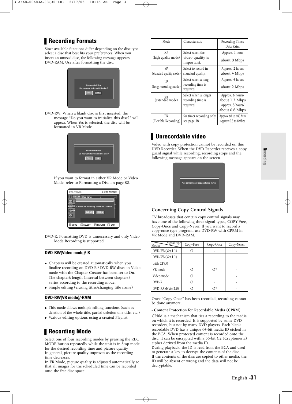 Unrecordable video, Recording formats, Recording mode | English, Concerning copy control signals | Samsung DVD-R120-AFS User Manual | Page 31 / 72