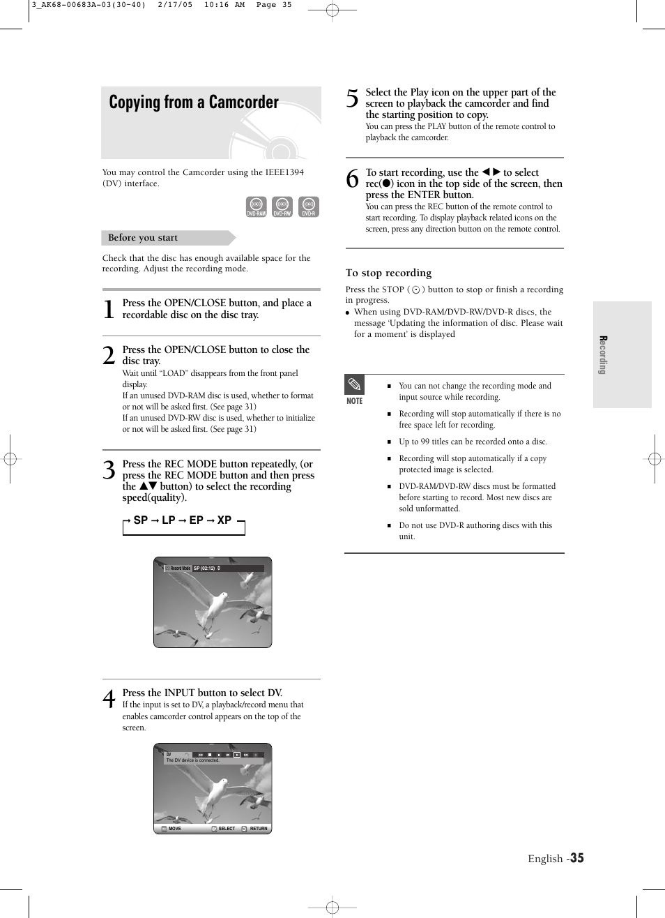 Copying from a camcorder | Samsung DVD-R120-AFS User Manual | Page 35 / 72