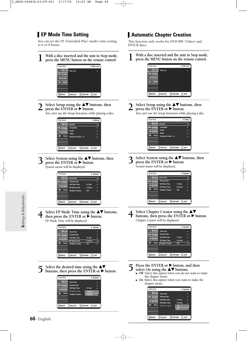 Ep mode time setting, Automatic chapter creation, English | Settings & adjustments, System menu will be displayed, Ep mode time will be displayed, Chapter creator will be displayed | Samsung DVD-R120-AFS User Manual | Page 42 / 72
