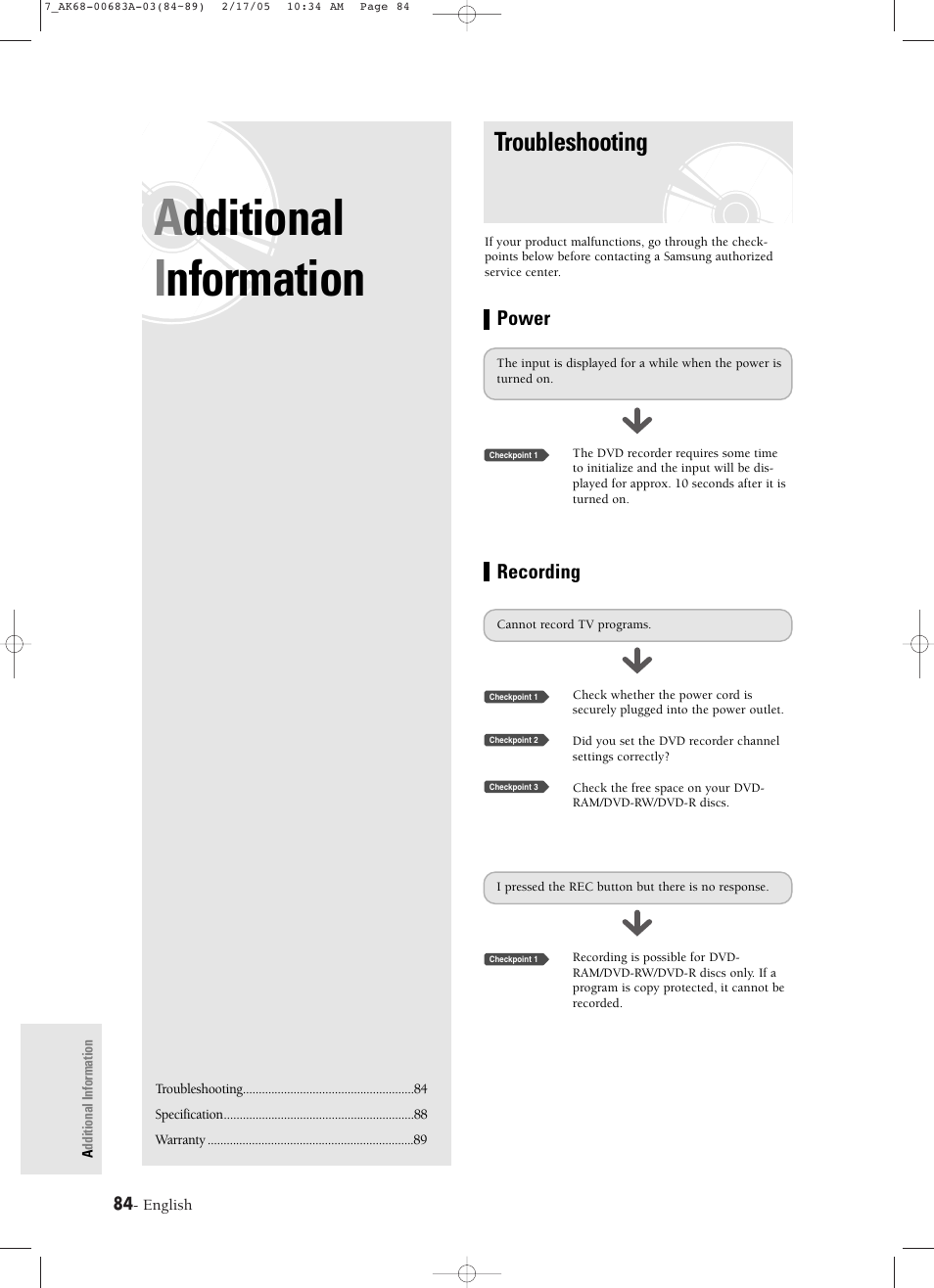 Additional information, Troubleshooting, Additional i nformation | Samsung DVD-R120-AFS User Manual | Page 66 / 72