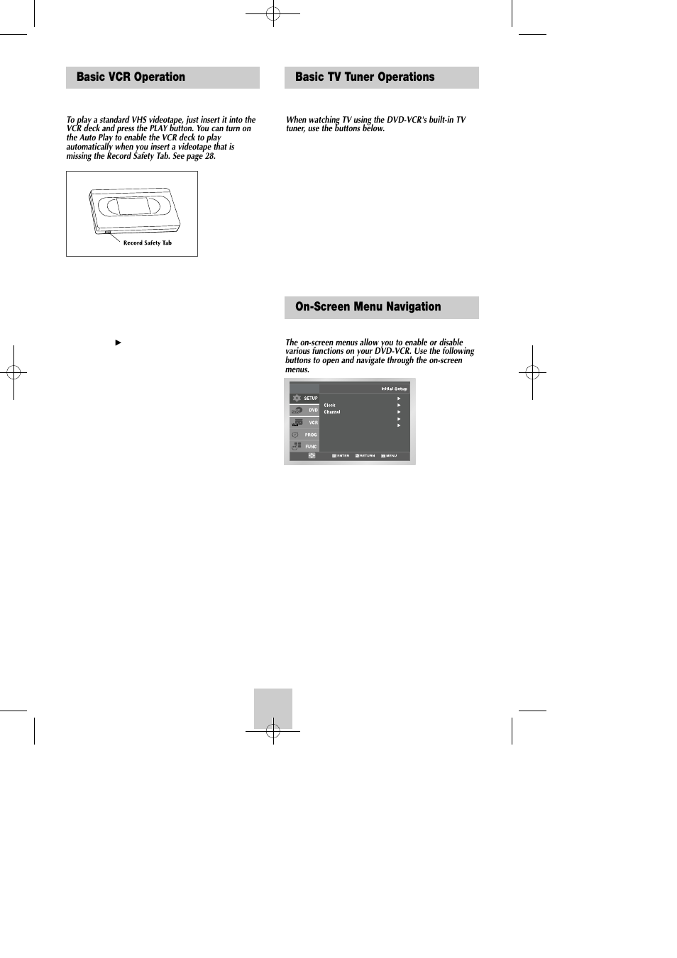 Basic vcr operation, Basic tv tuner operations, System setup | On-screen menu navigation, Basic vcr operation basic tv tuner operations | Samsung DVD-V4600C-XAA User Manual | Page 11 / 36