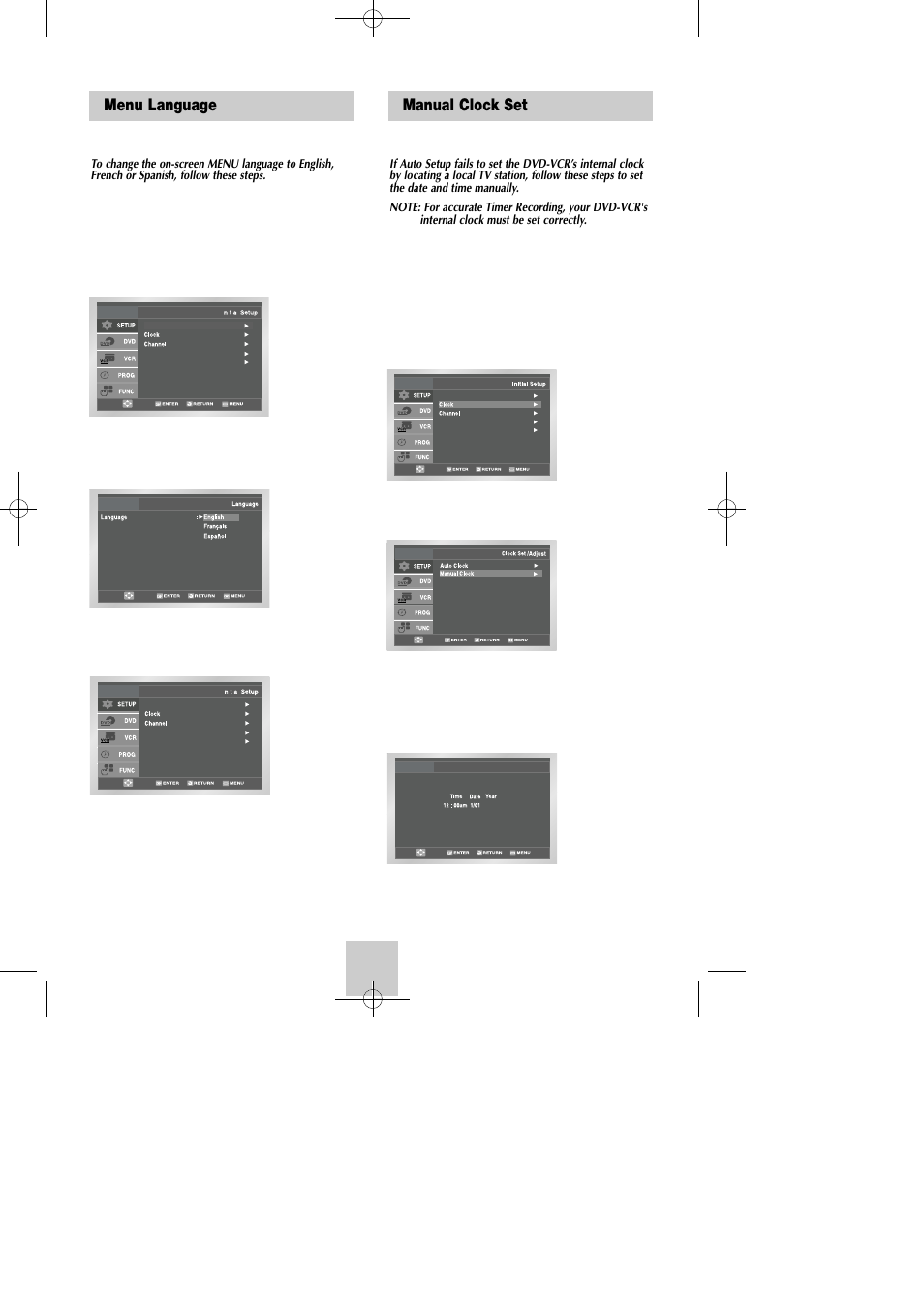 Menu language, Manual clock set | Samsung DVD-V4600C-XAA User Manual | Page 12 / 36