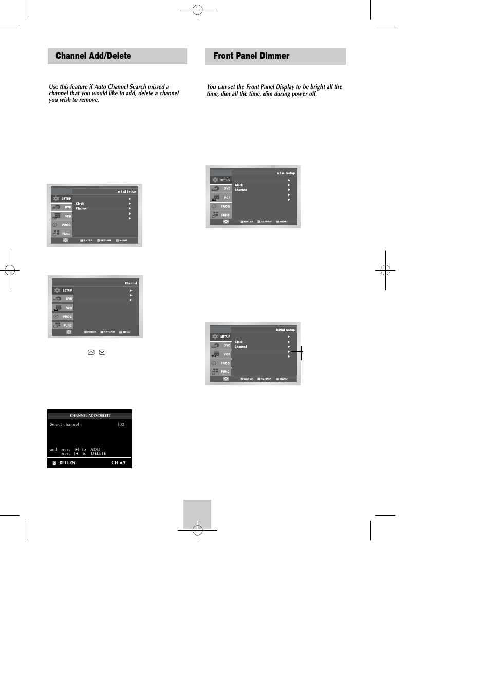 Channel add/delete, Front panel dimmer | Samsung DVD-V4600C-XAA User Manual | Page 14 / 36
