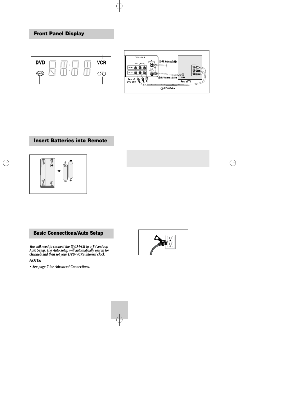 Front panel display, Insert batteries into remote, Getting started | Basic connections/auto setup | Samsung DVD-V4600C-XAA User Manual | Page 7 / 36