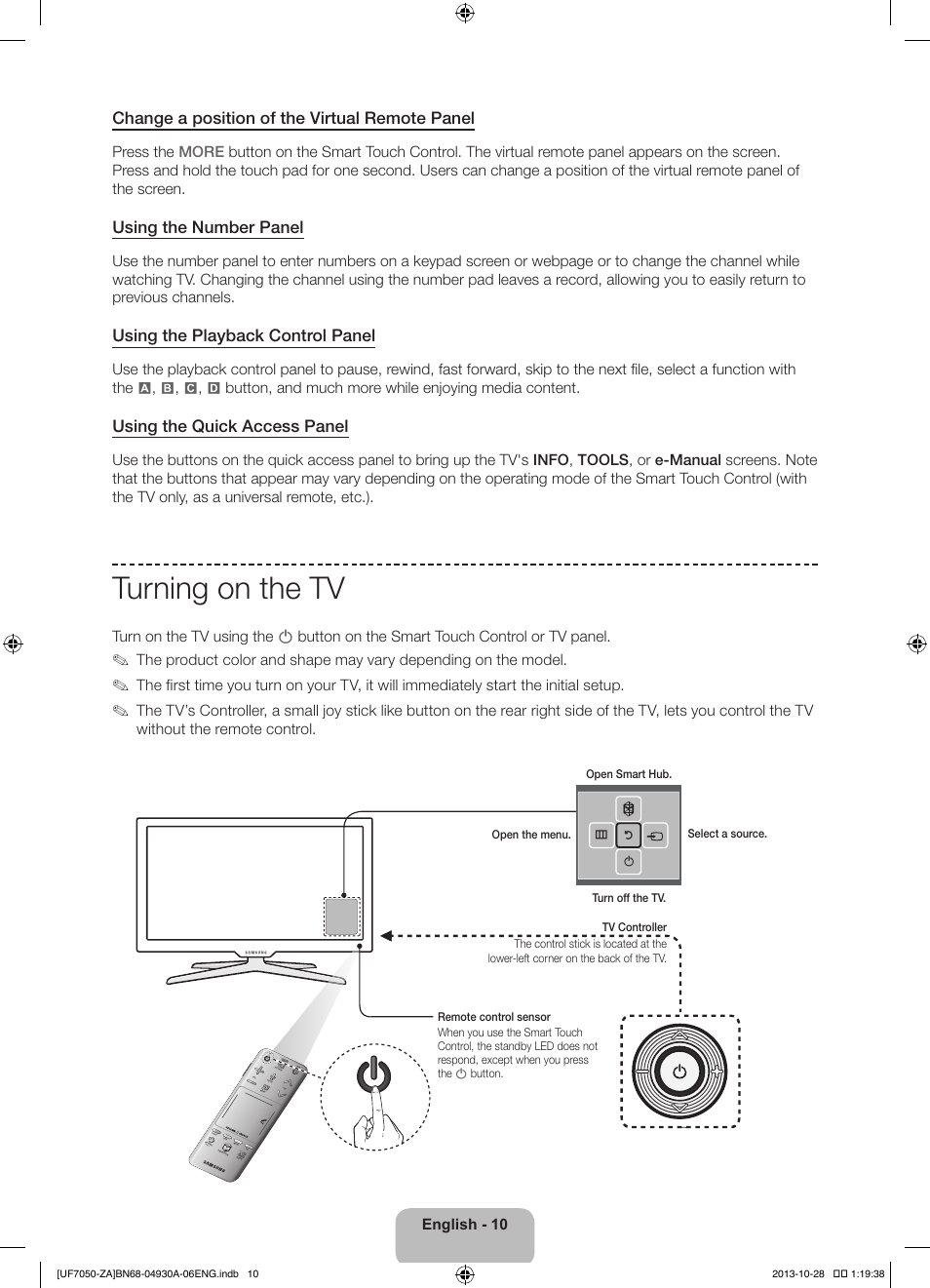 Turning on the tv, Change a position of the virtual remote panel, Using the number panel | Using the playback control panel, Using the quick access panel, English - 10 | Samsung UN60F7050AFXZA User Manual | Page 10 / 34