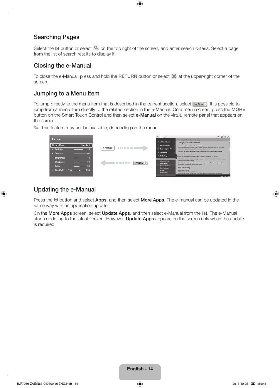 Searching pages, Closing the e-manual, Jumping to a menu item | Updating the e-manual | Samsung UN60F7050AFXZA User Manual | Page 14 / 34