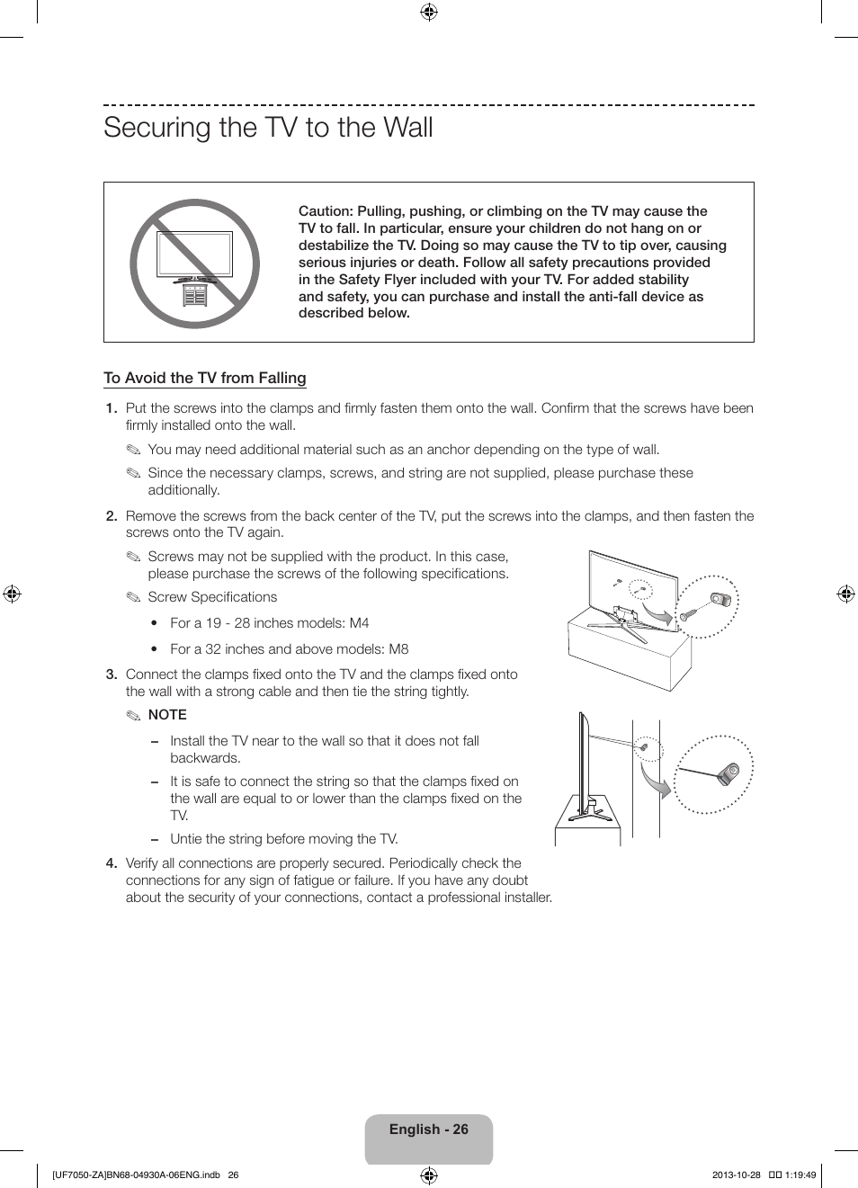 Securing the tv to the wall | Samsung UN60F7050AFXZA User Manual | Page 26 / 34