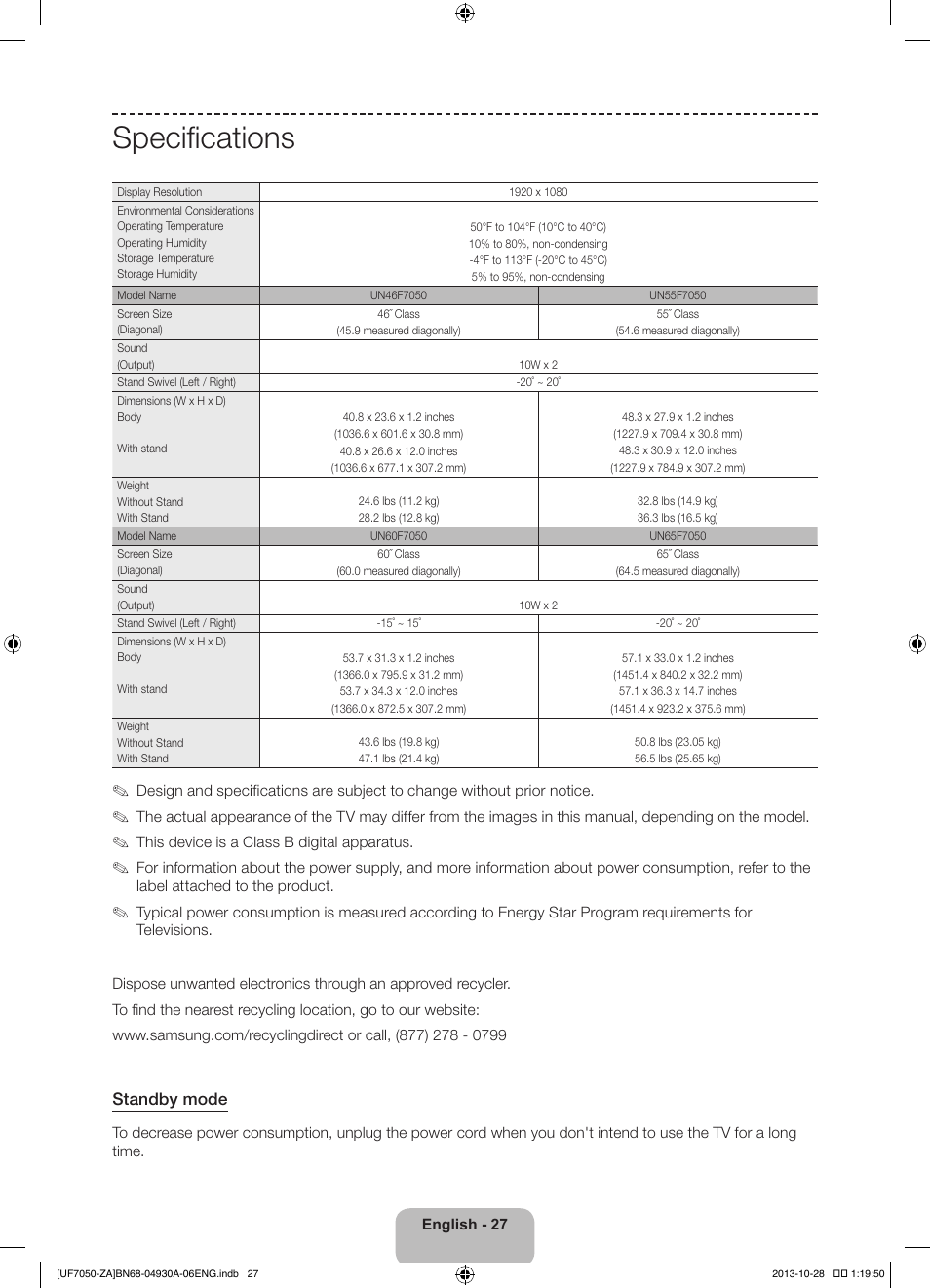 Specifications, Standby mode | Samsung UN60F7050AFXZA User Manual | Page 27 / 34