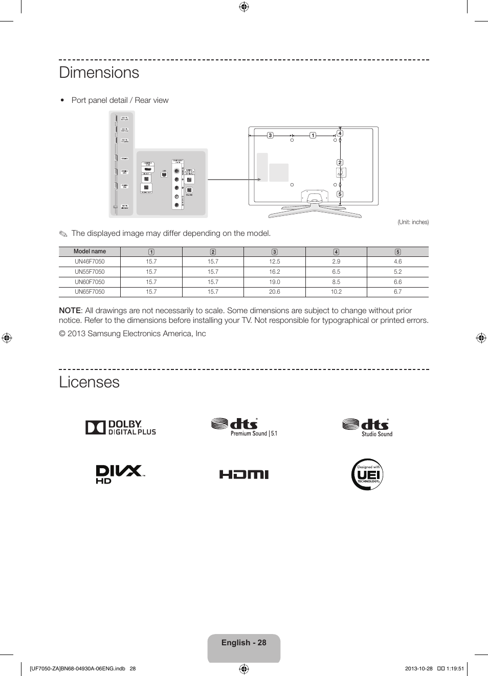 Dimensions, Licenses | Samsung UN60F7050AFXZA User Manual | Page 28 / 34