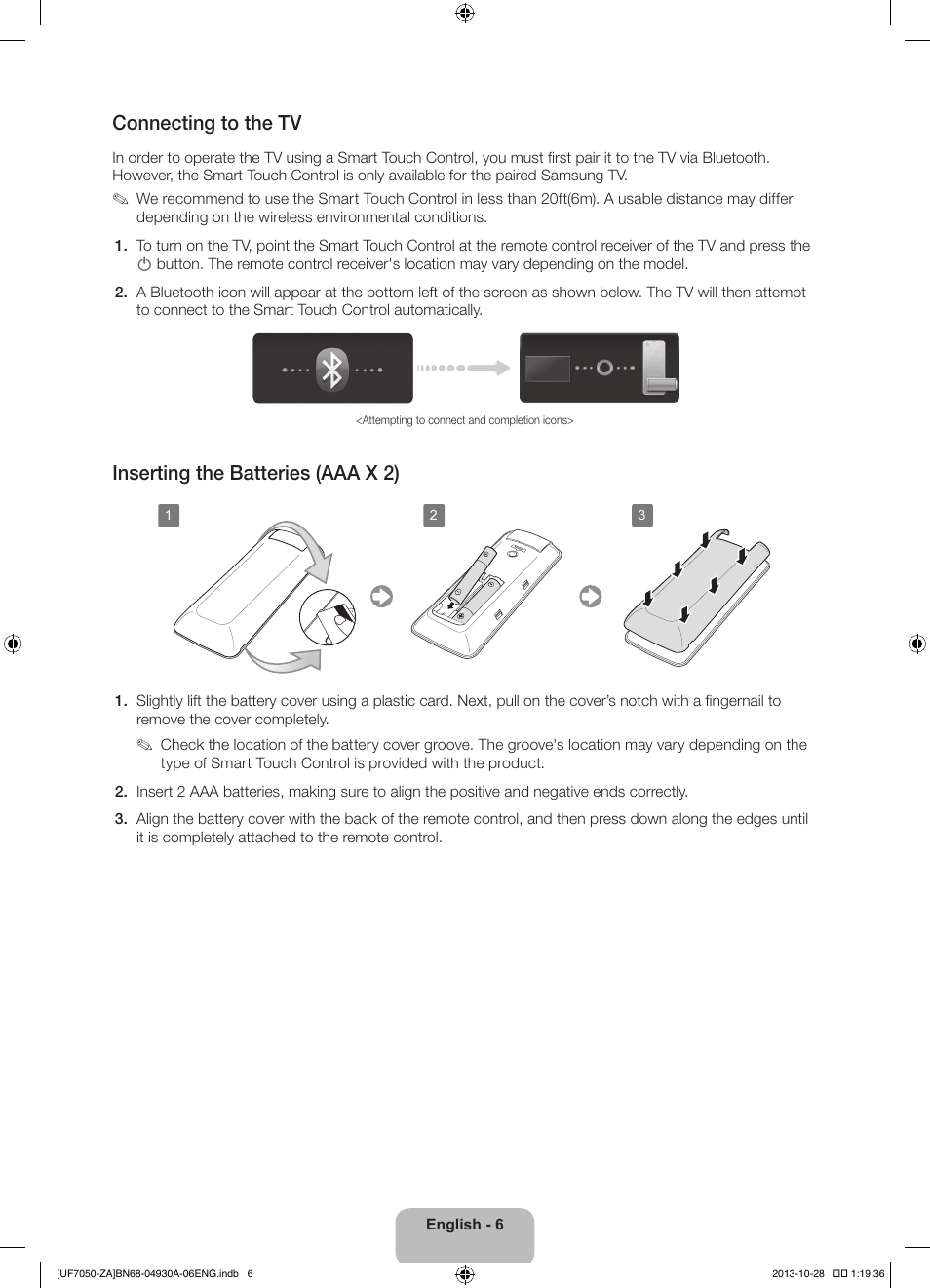 Connecting to the tv, Inserting the batteries (aaa x 2) | Samsung UN60F7050AFXZA User Manual | Page 6 / 34