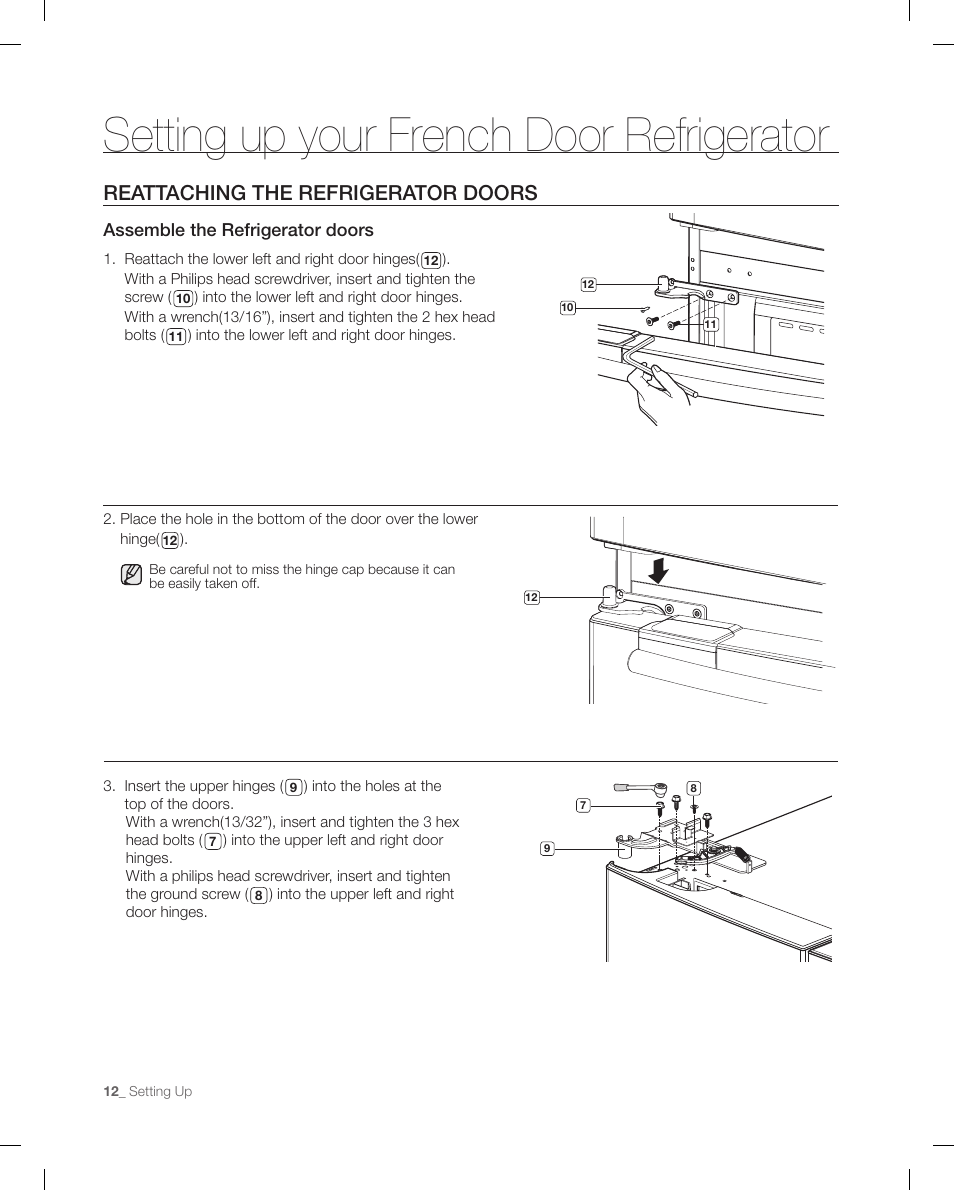 Reattaching the refrigerator doors, Setting up your french door refrigerator | Samsung RFG295AAWP-XAA User Manual | Page 12 / 38
