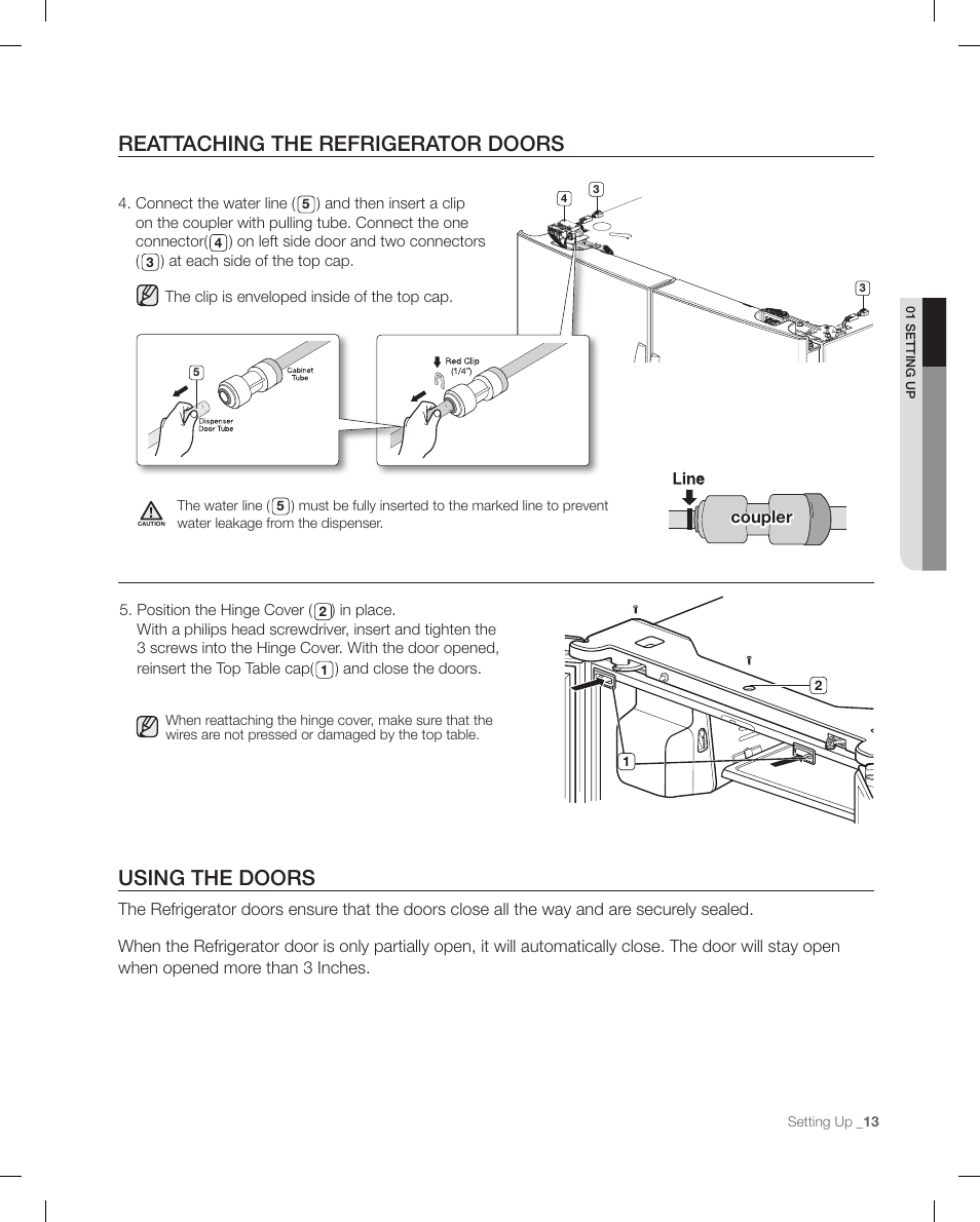 Using the doors, Reattaching the refrigerator doors | Samsung RFG295AAWP-XAA User Manual | Page 13 / 38