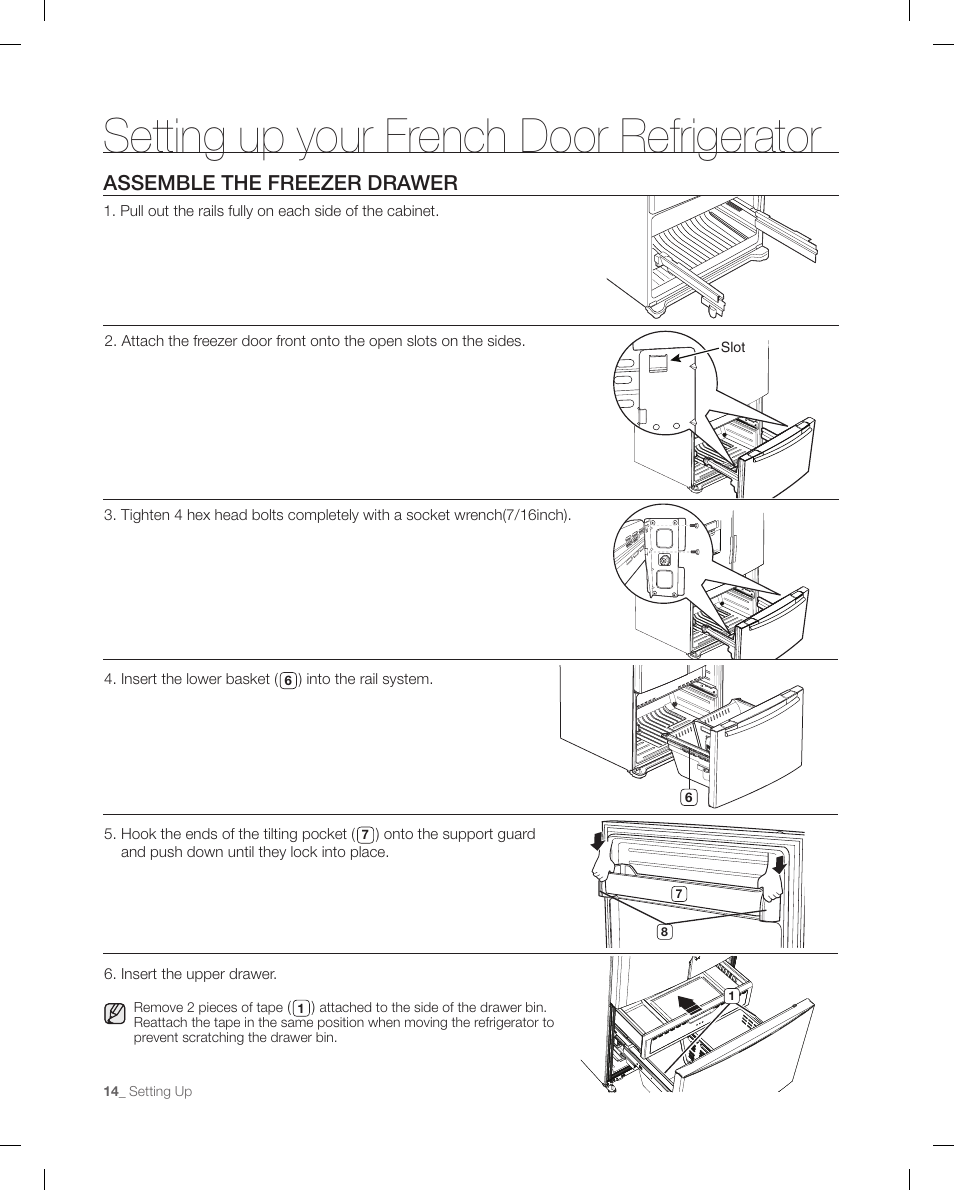 Assemble the frezer drawer, Setting up your french door refrigerator, Assemble the freezer drawer | Samsung RFG295AAWP-XAA User Manual | Page 14 / 38