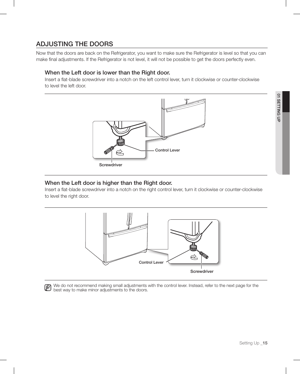Adjusting the doors, When the left door is lower than the right door, When the left door is higher than the right door | Samsung RFG295AAWP-XAA User Manual | Page 15 / 38