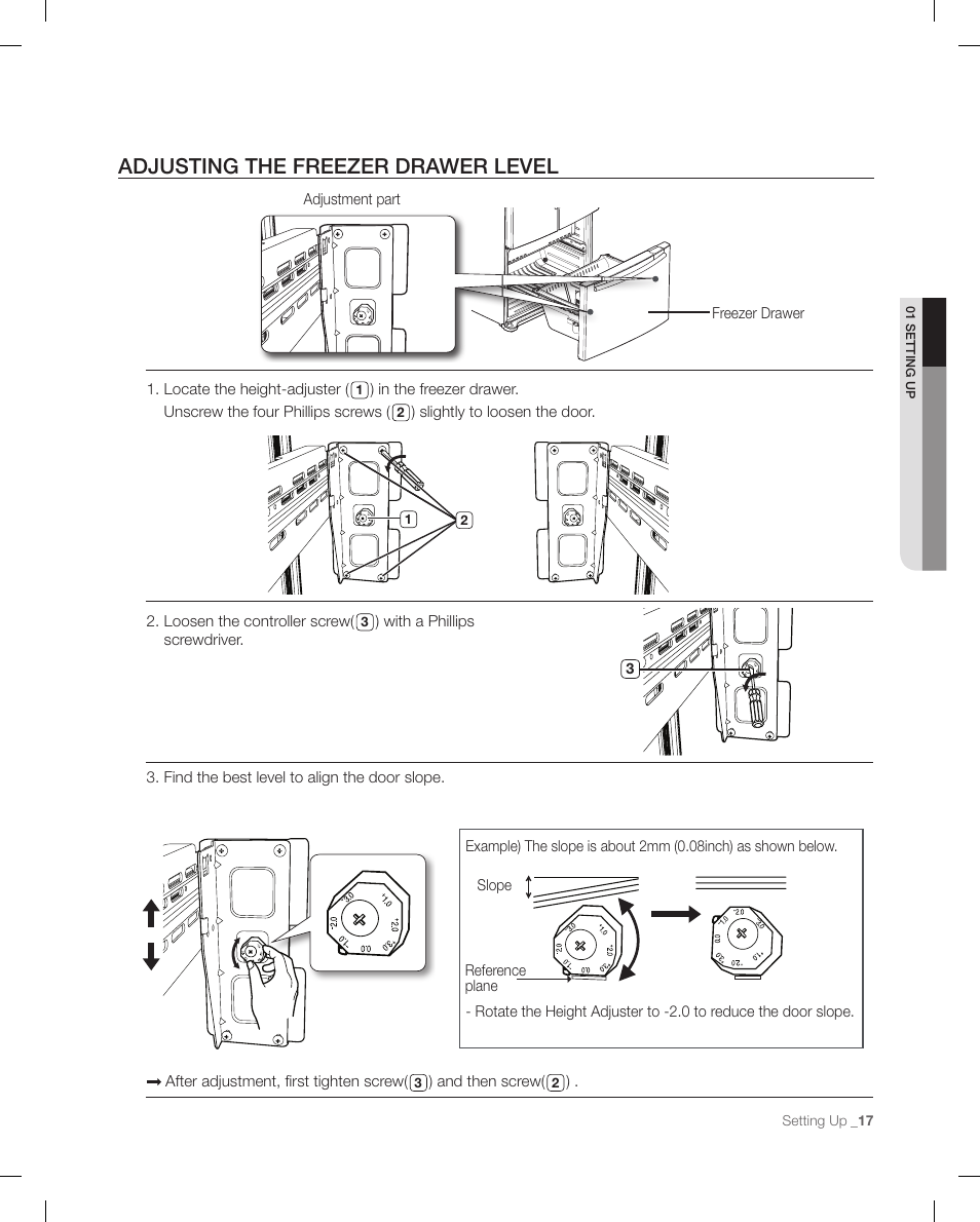 Adjusting the freezer draw er level, Adjusting the freezer drawer level | Samsung RFG295AAWP-XAA User Manual | Page 17 / 38