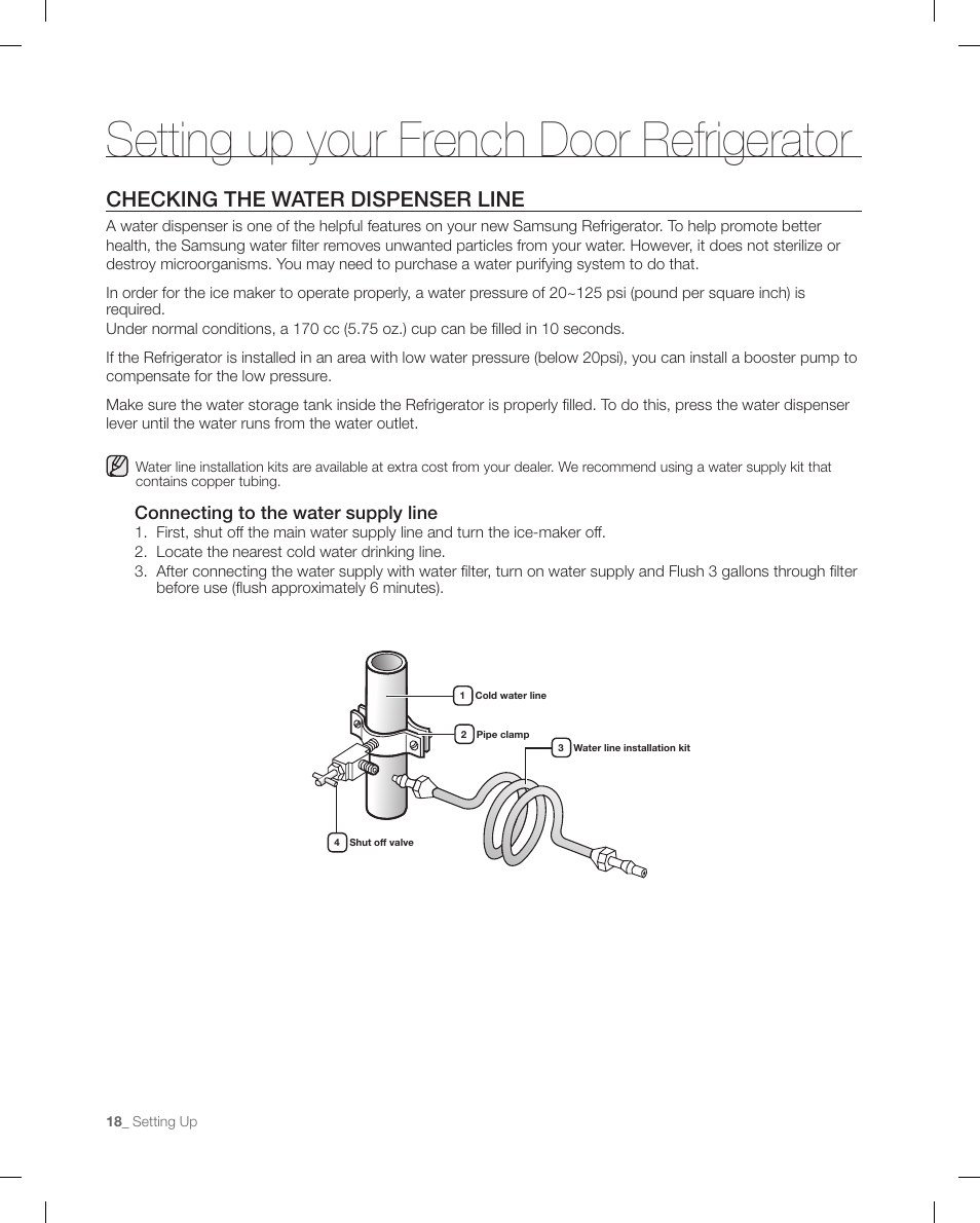 Checking the wat er dispenser line, Setting up your french door refrigerator, Checking the water dispenser line | Samsung RFG295AAWP-XAA User Manual | Page 18 / 38