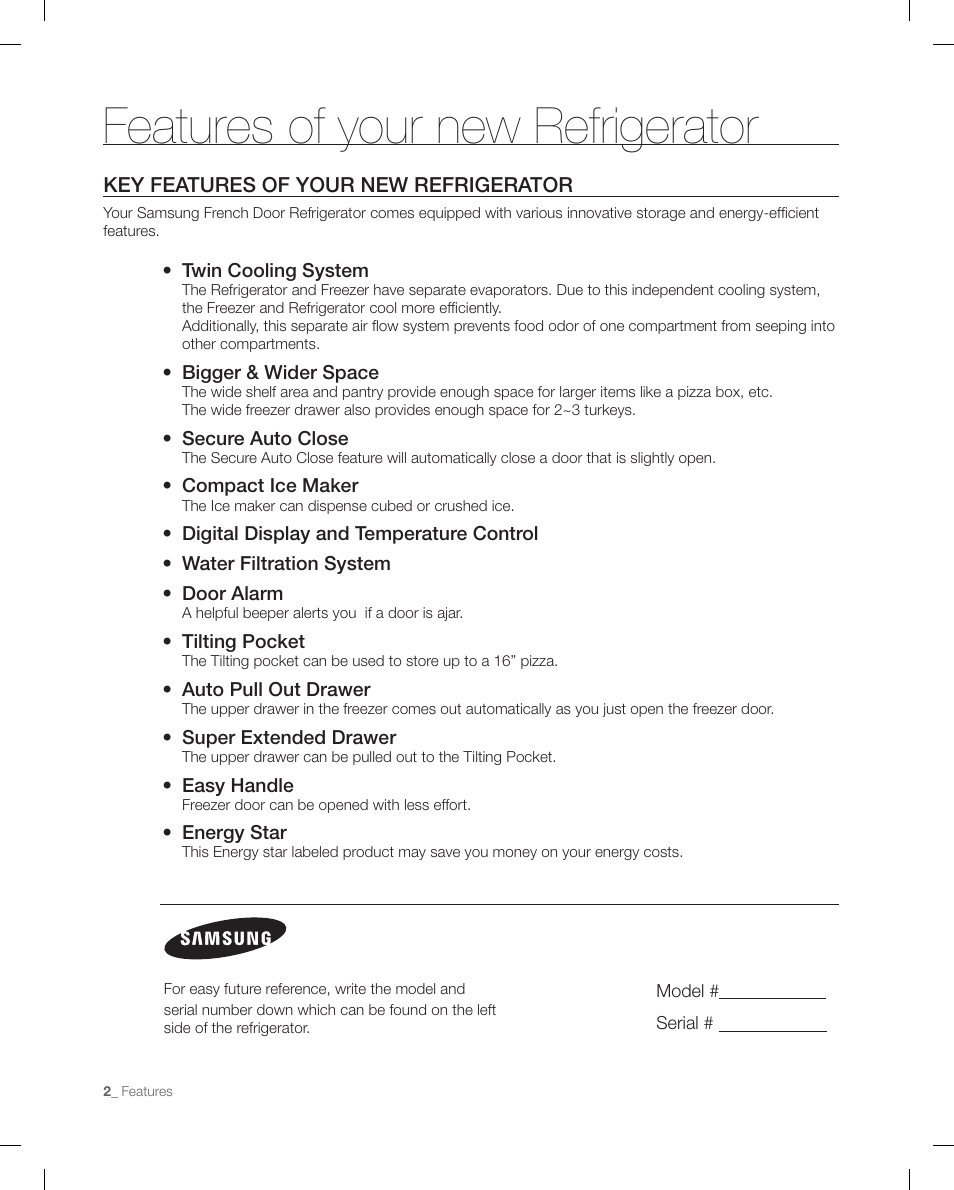 Features of your new refrigerator, Key features of your new refrigerator | Samsung RFG295AAWP-XAA User Manual | Page 2 / 38