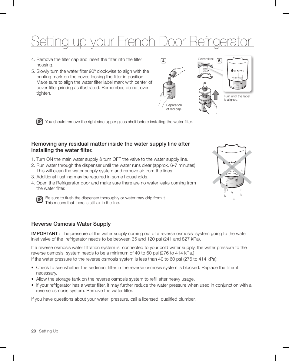 Setting up your french door refrigerator | Samsung RFG295AAWP-XAA User Manual | Page 20 / 38