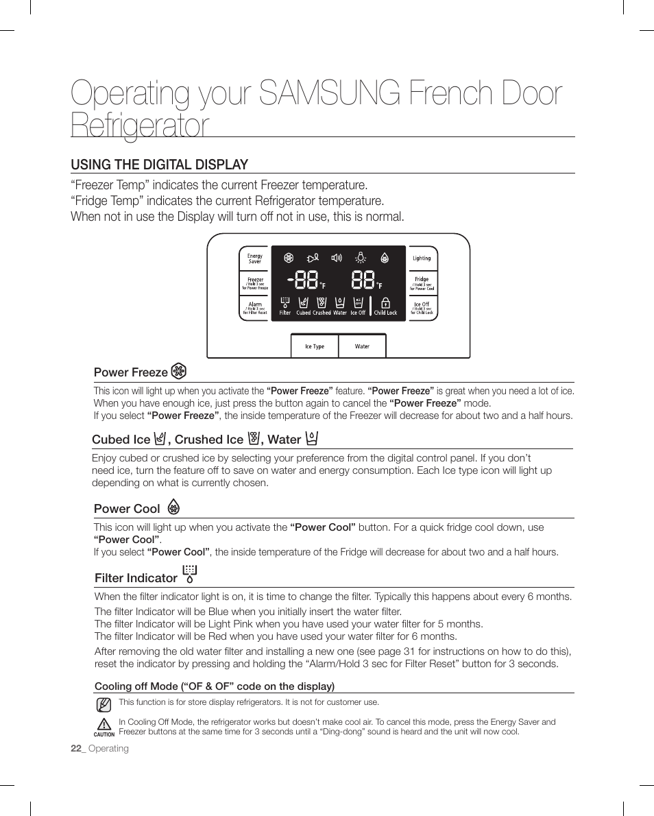 Using the digita l display, Operating your samsung french door refrigerator | Samsung RFG295AAWP-XAA User Manual | Page 22 / 38