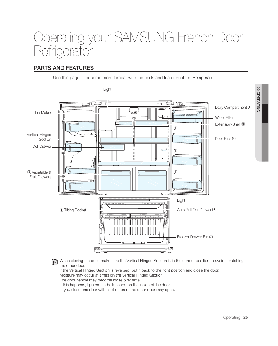 Parts and featu res, Operating your samsung french door refrigerator, Parts and features | Samsung RFG295AAWP-XAA User Manual | Page 25 / 38