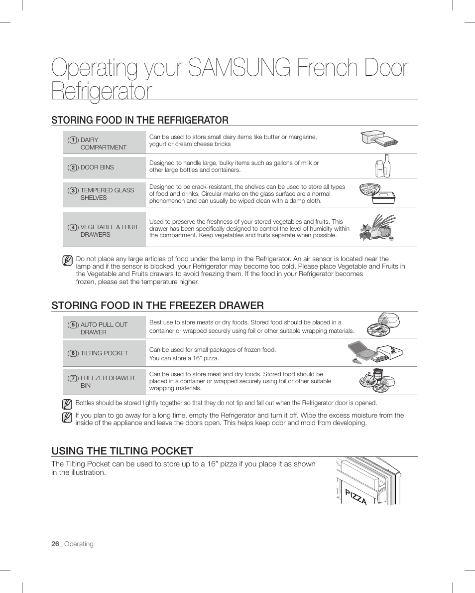 Storing food in the refrigerator, Storing food in the frezer drawer, Using the tilting pocket | Operating your samsung french door refrigerator, Storing food in the freezer drawer | Samsung RFG295AAWP-XAA User Manual | Page 26 / 38