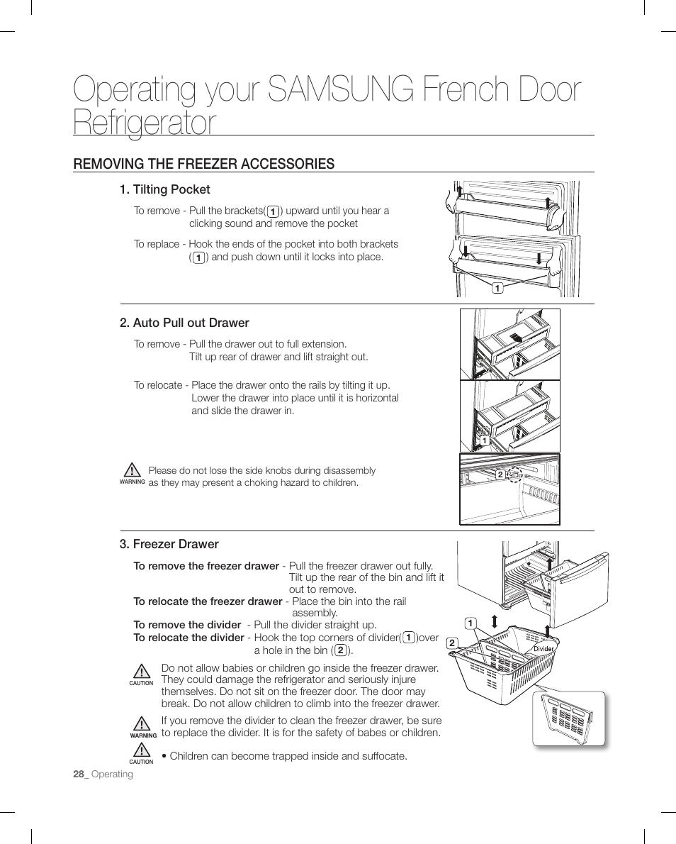 Removing the freezer accessories, Operating your samsung french door refrigerator | Samsung RFG295AAWP-XAA User Manual | Page 28 / 38