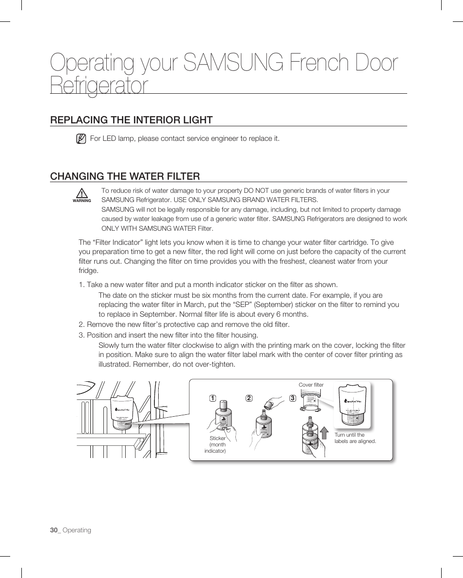Replacing the interior light, Changing the water filter, Operating your samsung french door refrigerator | Samsung RFG295AAWP-XAA User Manual | Page 30 / 38